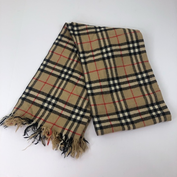 Vintage Burberry’s London Nova Check Plaid Tan Wool Fringe Scarf - Picture 5 of 16